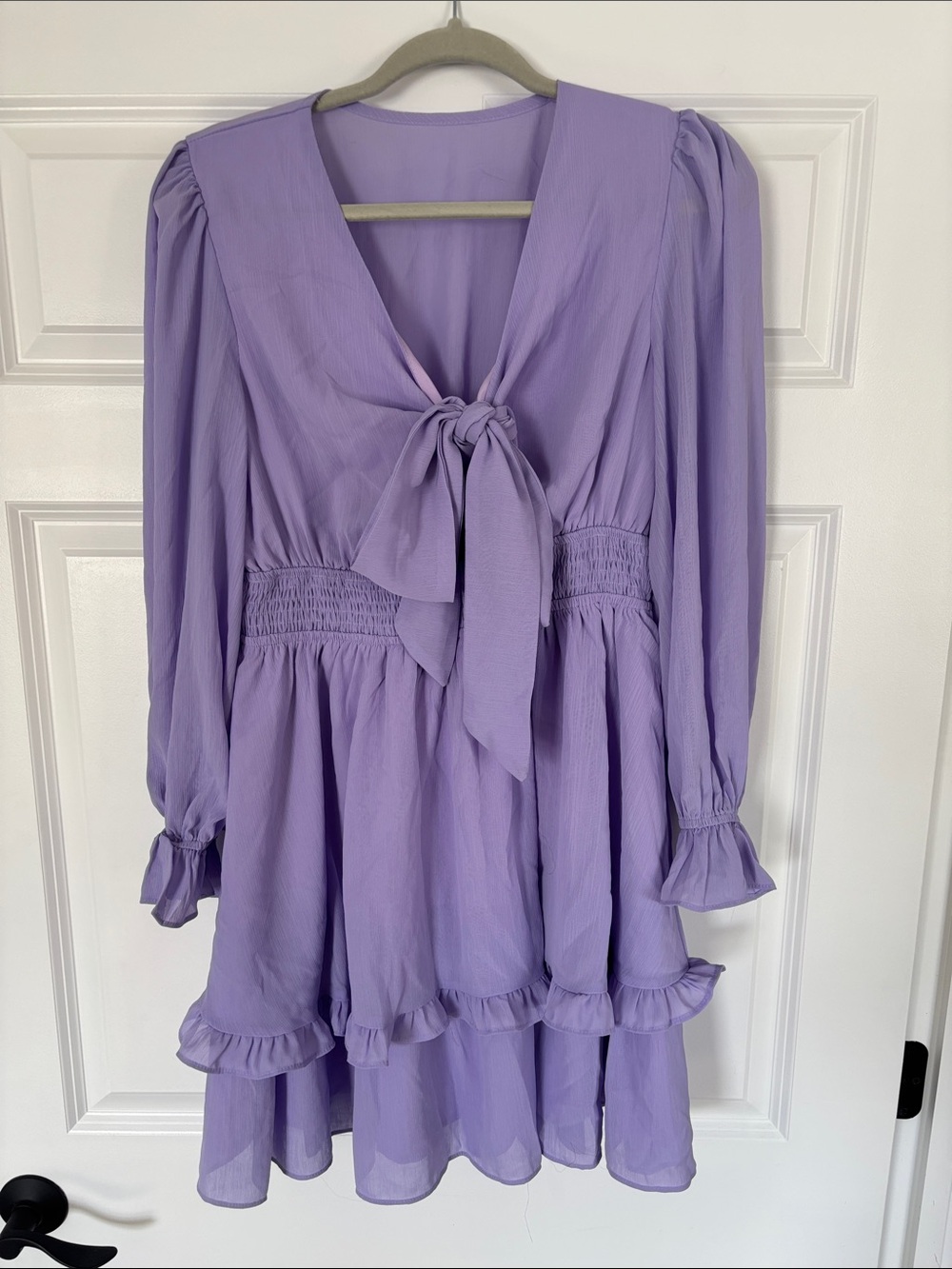 Lavender Bow-Front Long Sleeve Smocked Waist Dress